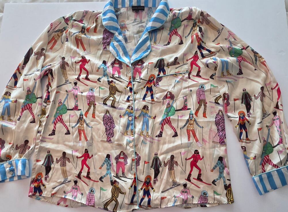 Karen Mabon Anthropologie Après Ski Satin Pajama Top Shirt Blue Striped XL EUC